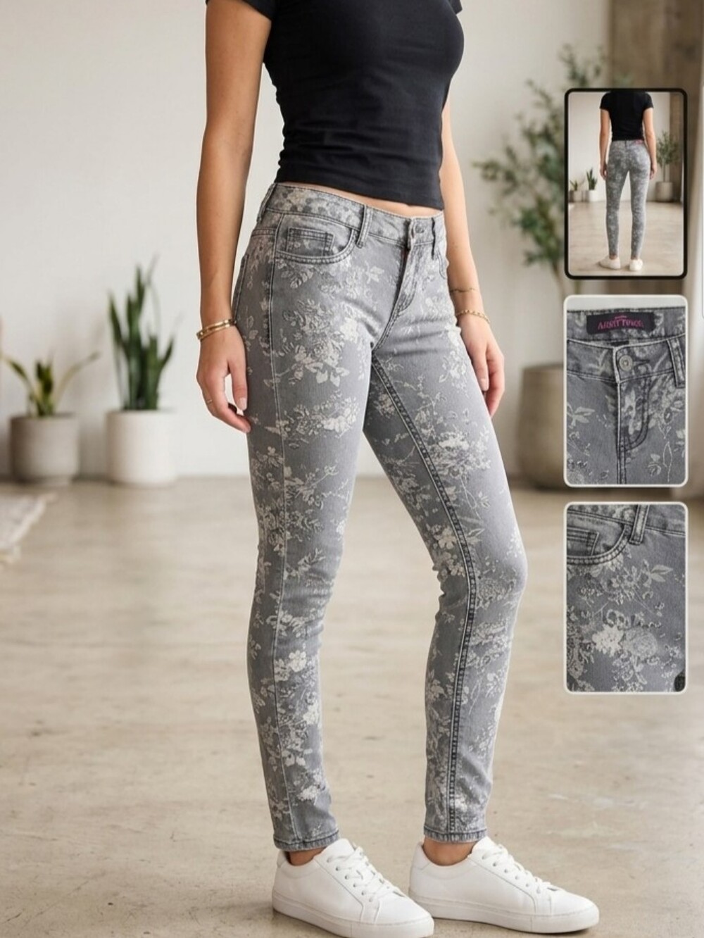 Almost Famous Women's Floral Gray Skinny Jeans